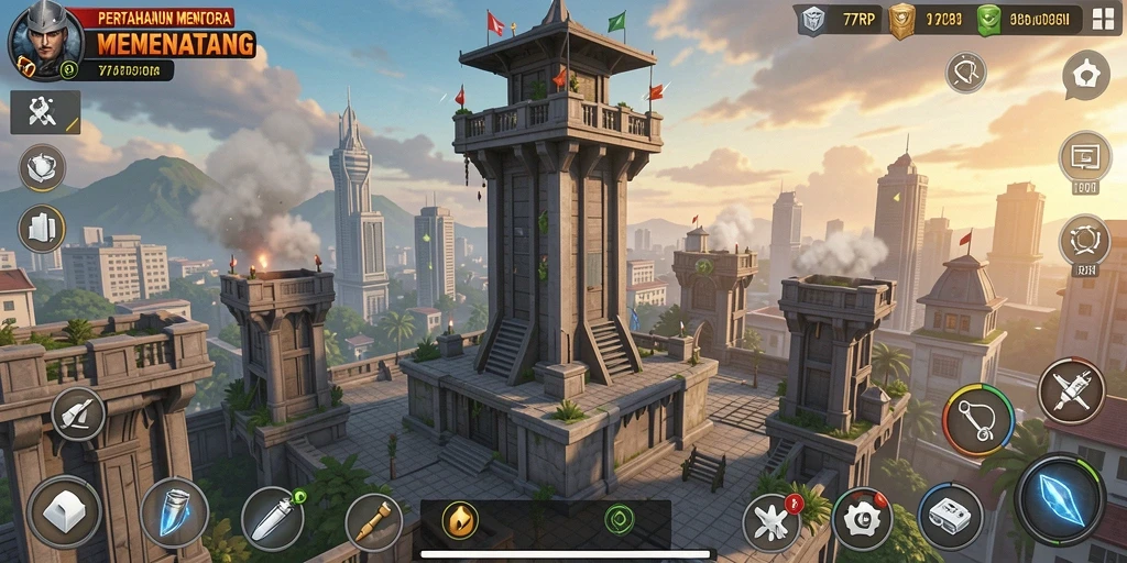 Tampilan gameplay Tower Defense yang penuh aksi dan strategi.
