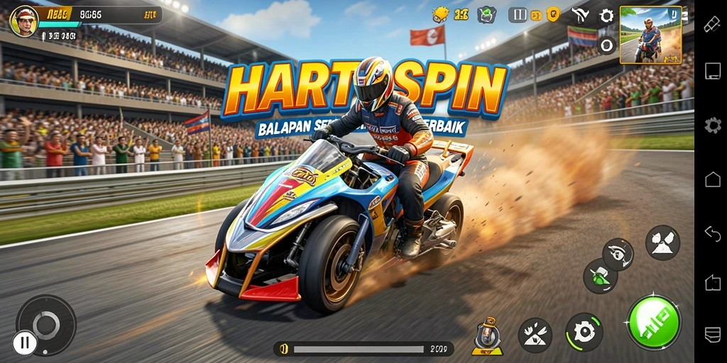 Screenshot HARTASPIN menampilkan aksi balapan yang mendebarkan di sirkuit.